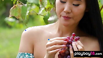 Tiny titted asian beauty Katana Storm stripping at a vineyard outdoor